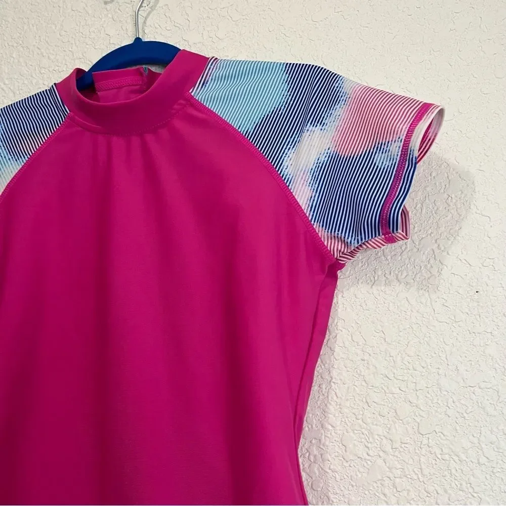 Eddie Bauer Rash Guard Girls Top Size S 7/8 Pink Tie Dye Short Sleeve Swimwear